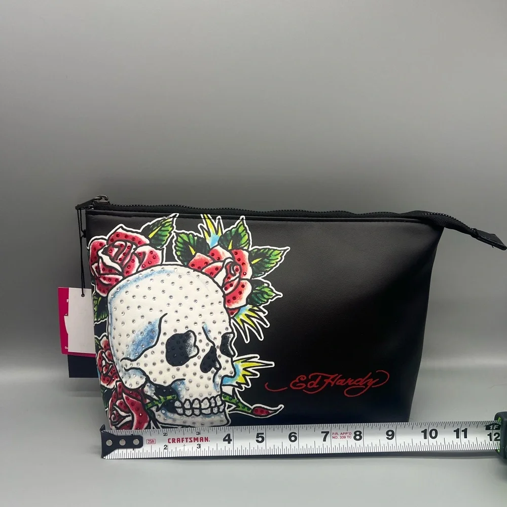 Ed hardy rhinestone skull and roses cosmetics bag